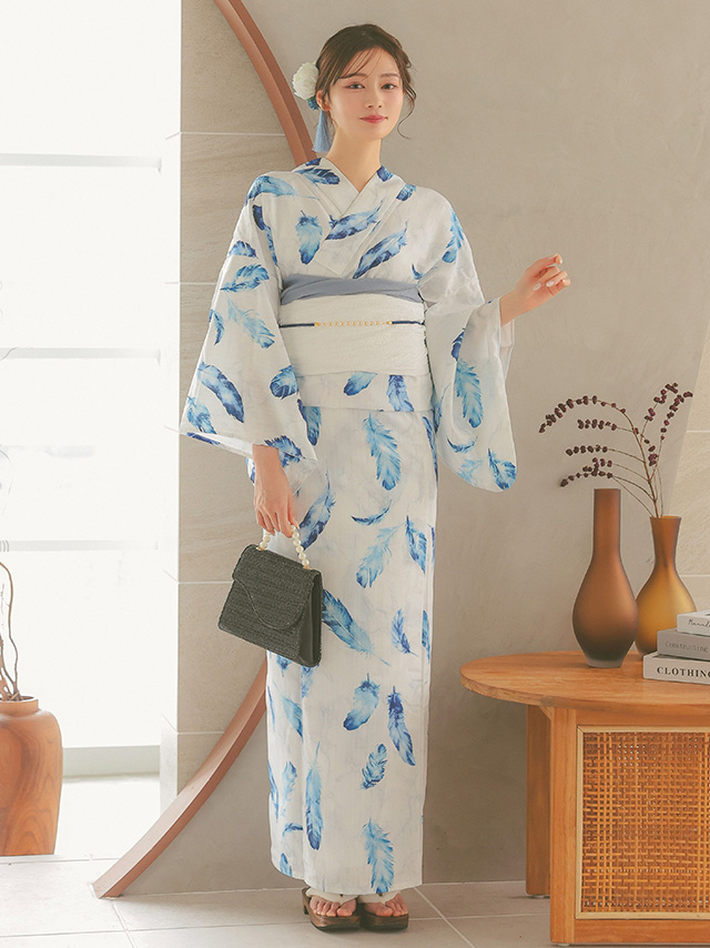 ピュアホワイトにブルーフェザーゆかた3点セットのフロント画像