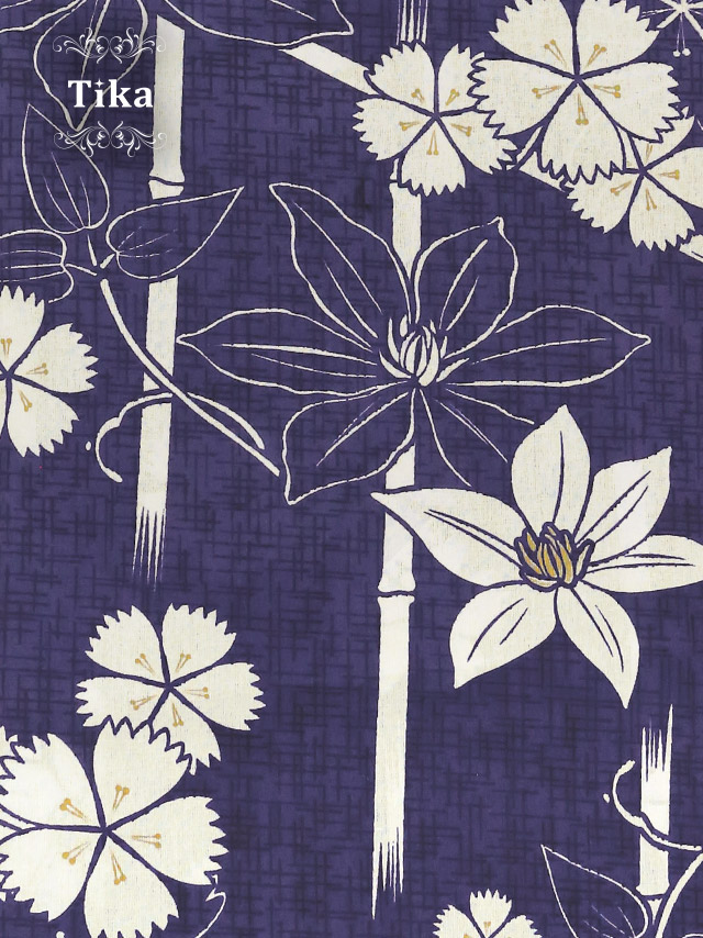 紺地×撫子とテッセンの花々  セパレートゆかた2点セットの生地アップ画像