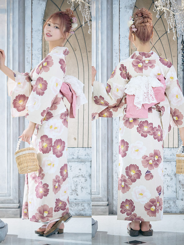 SWEETシリーズ ニュアンスベージュ地×華やか椿 浴衣・帯2点セット 背面・帯デザイン