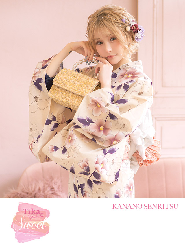 SWEETシリーズ ニュアンスカラー×華やか椿 浴衣・帯2点セット 着用イメージ1