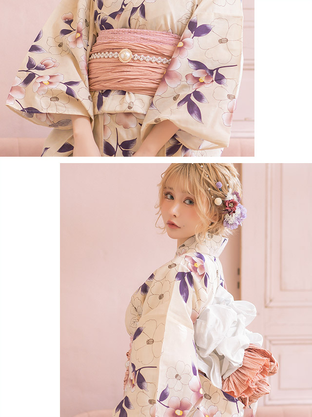SWEETシリーズ ニュアンスカラー×華やか椿 浴衣・帯2点セット 着用イメージ4