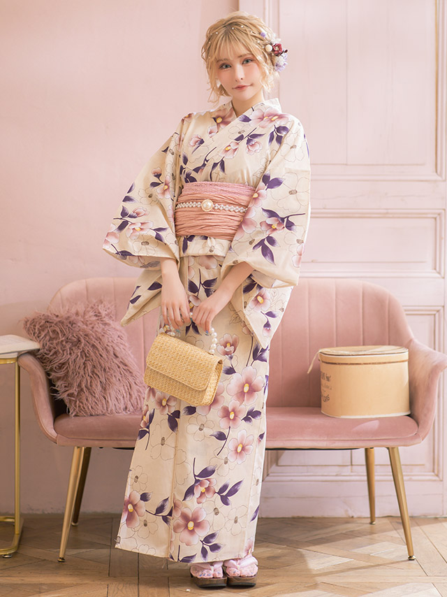 SWEETシリーズ ニュアンスカラー×華やか椿 浴衣・帯2点セット 前面デザイン