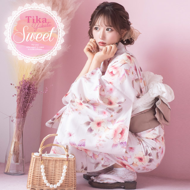 レディース浴衣と帯2点セットさくらんぼ桜桃サクランボお花フラワーМサイズピンク桃色カラフル