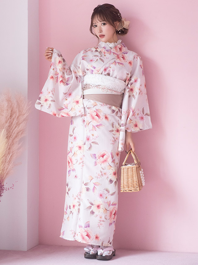 レディース浴衣と帯2点セットさくらんぼ桜桃サクランボお花フラワーМサイズピンク桃色カラフル