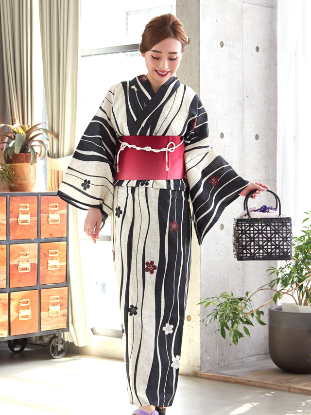 レトロシリーズ 椿柄 よろけ縞 浴衣・帯2点セット 着用イメージ2