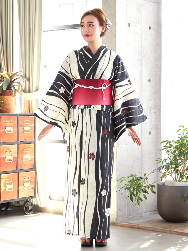 レトロシリーズ 椿柄 よろけ縞 浴衣・帯2点セット 前面デザイン