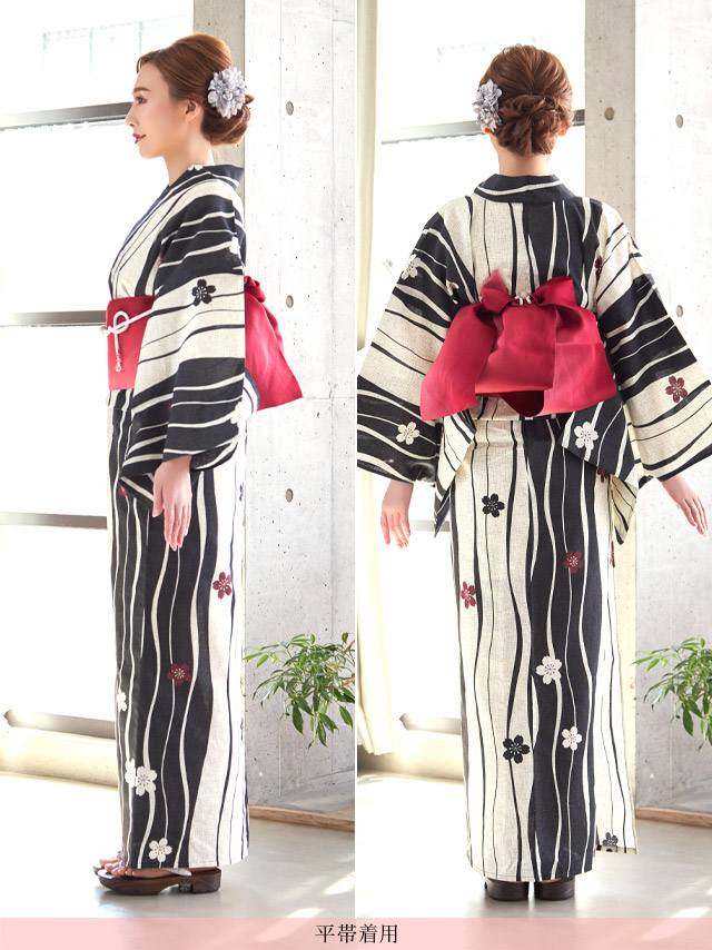 レトロシリーズ 椿柄 よろけ縞 浴衣・帯2点セット 背面・帯デザイン