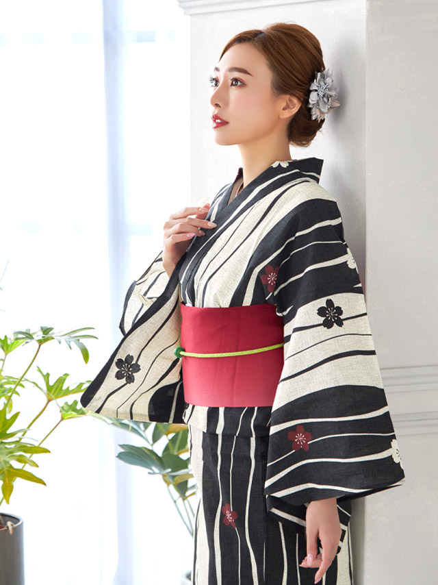 レトロシリーズ 椿柄 よろけ縞 浴衣・帯2点セット 前面デザイン