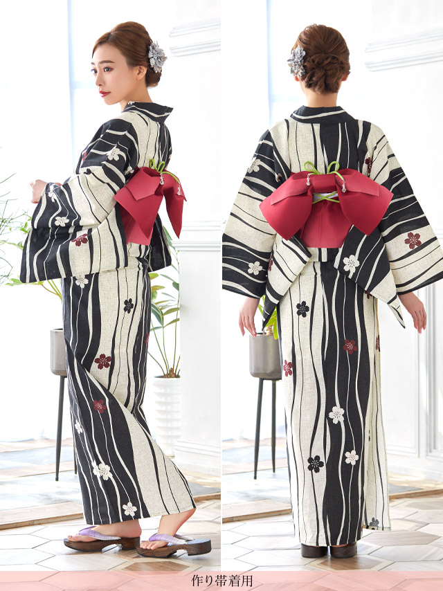 レトロシリーズ 椿柄 よろけ縞 浴衣・帯2点セット 背面・帯デザイン