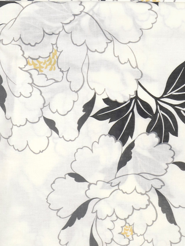 レトロ 白地×モノトーン牡丹ゆかた3点セットの柄の詳細アップ