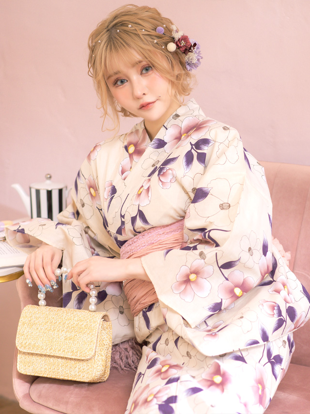 SWEETシリーズ ニュアンスカラー×華やか椿 浴衣・帯2点セット 着用イメージ3