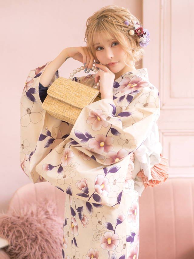 SWEETシリーズ ニュアンスカラー×華やか椿 浴衣・帯2点セット 着用イメージ5