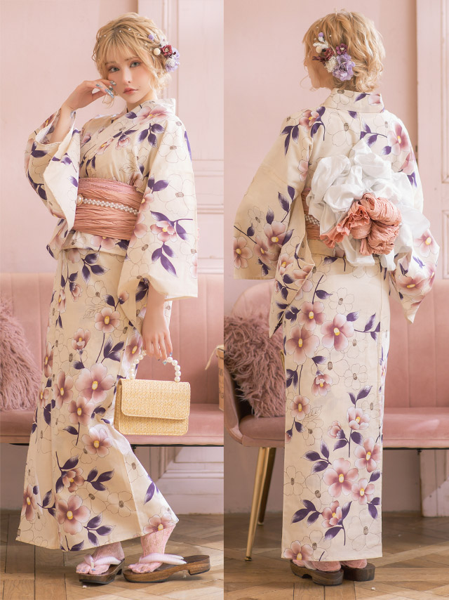 SWEETシリーズ ニュアンスカラー×華やか椿 浴衣・帯2点セット 背面・帯デザイン