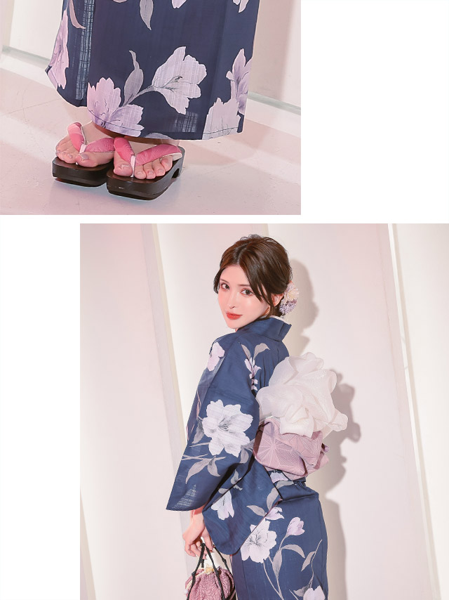 妖艶 紺地×水彩百合の花 ゆかた3点セットのイメージ画像4