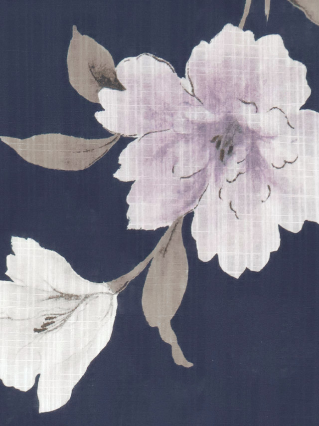 妖艶 紺地×水彩百合の花 ゆかた3点セットの生地アップ画像