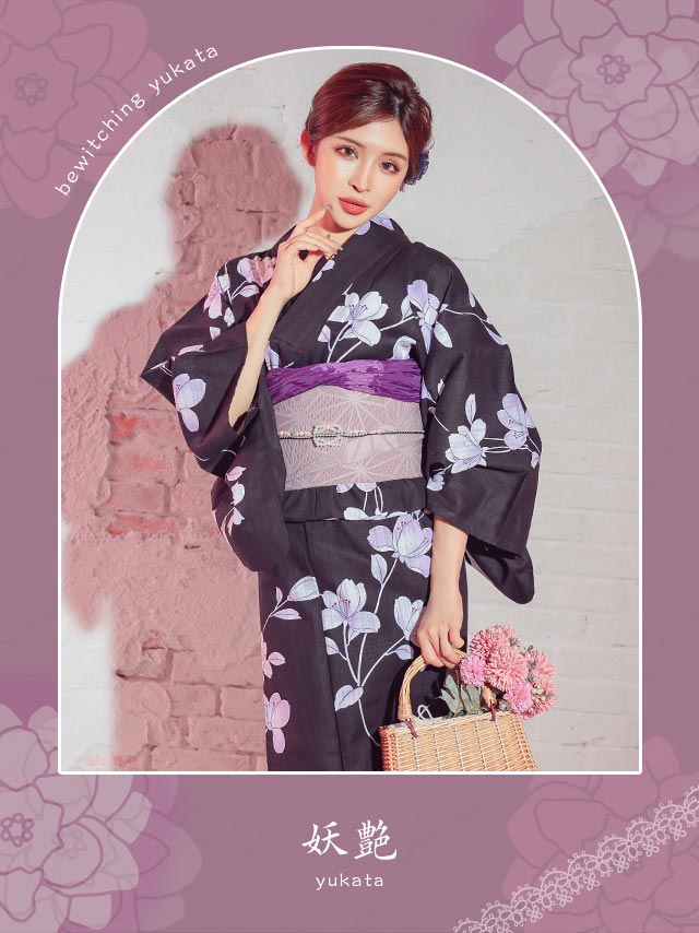 妖艶 黒地×紫菖蒲 ゆかた3点セットのイメージ画像1