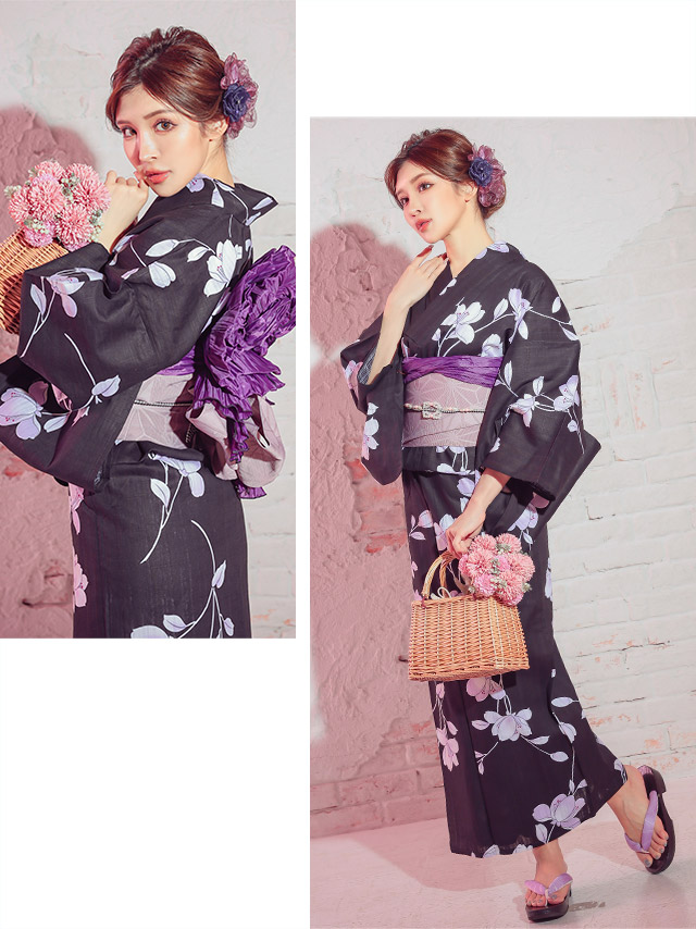 妖艶 黒地×紫菖蒲 ゆかた3点セットのイメージ画像2