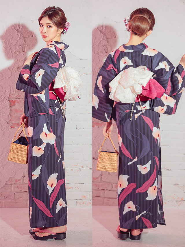 妖艶 縞に菖蒲の花 ゆかた3点セットの全身サイドバック画像