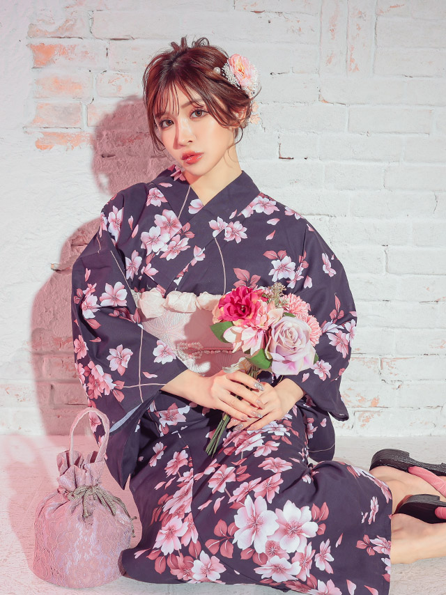 妖艶 濃紺×ピンク桜 ゆかた3点セットのイメージ画像3