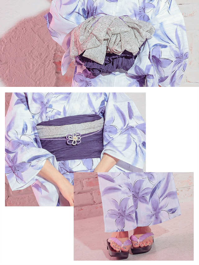 妖艶 白地×水彩紫の百合の花 ゆかた3点セットのイメージ画像4