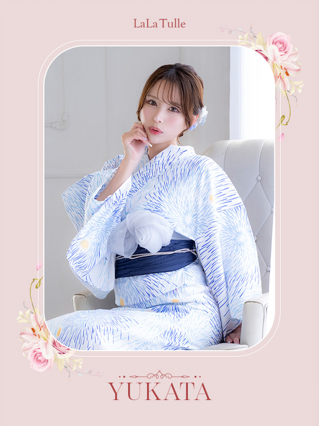綿麻 白地にブルー花火 ゆかた3点セットのイメージ画像1