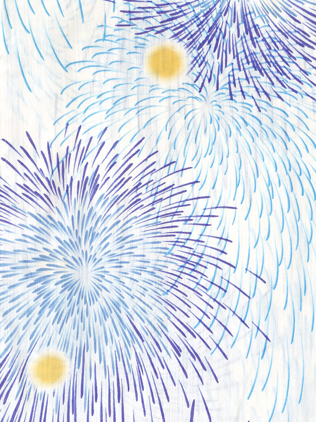 綿麻 白地にブルー花火 ゆかた3点セットの生地アップ画像