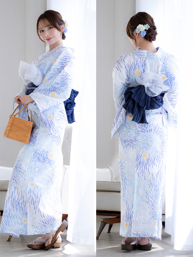 綿麻 白地にブルー花火 ゆかた3点セットの全身サイドバック画像