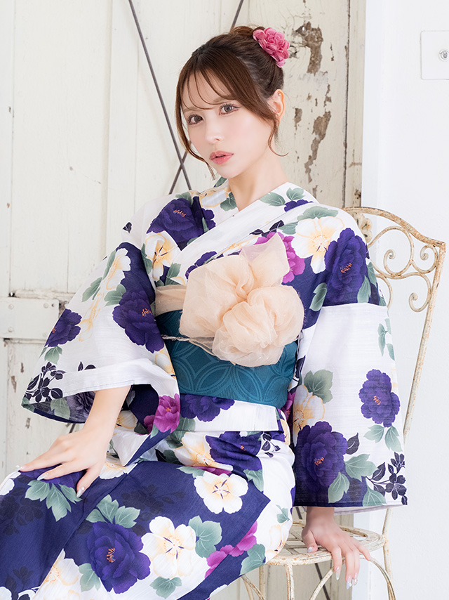 綿麻 白地に3色花柄 ゆかた3点セットのイメージ画像4