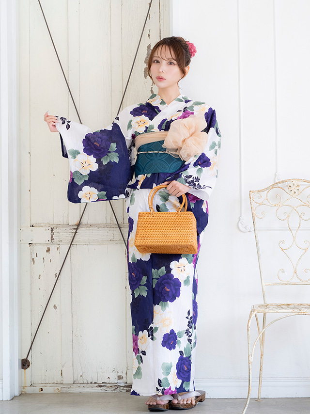 綿麻 白地に3色花柄 ゆかた3点セットのイメージ画像4