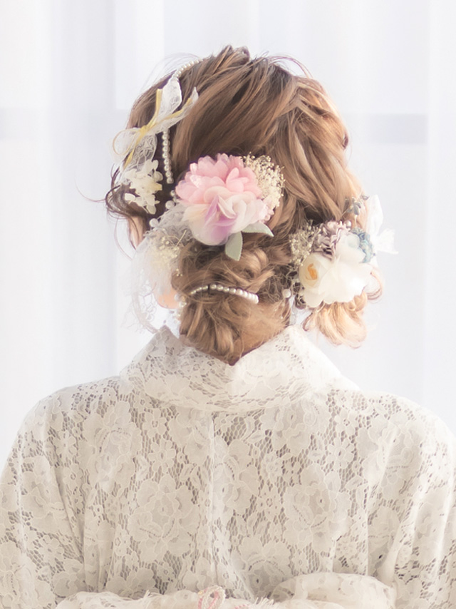 髪飾り パール オーガンジー フラワー レース リボン 浴衣 ヘアアクセサリー 3点セット