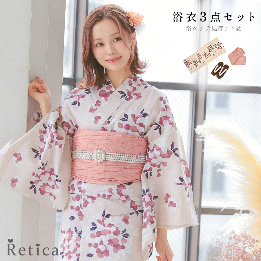 ベージュ地 × 淡いピンク 桜 ゆかた3点セットのメイン画像