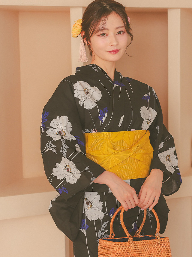 レトロ 黒地×ホワイトポピー ゆかた3点セットのイメージ画像2