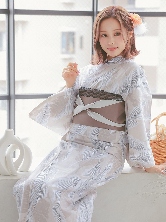 ベージュ地×ホワイトリーフ柄 ゆかた3点セットのイメージ画像3