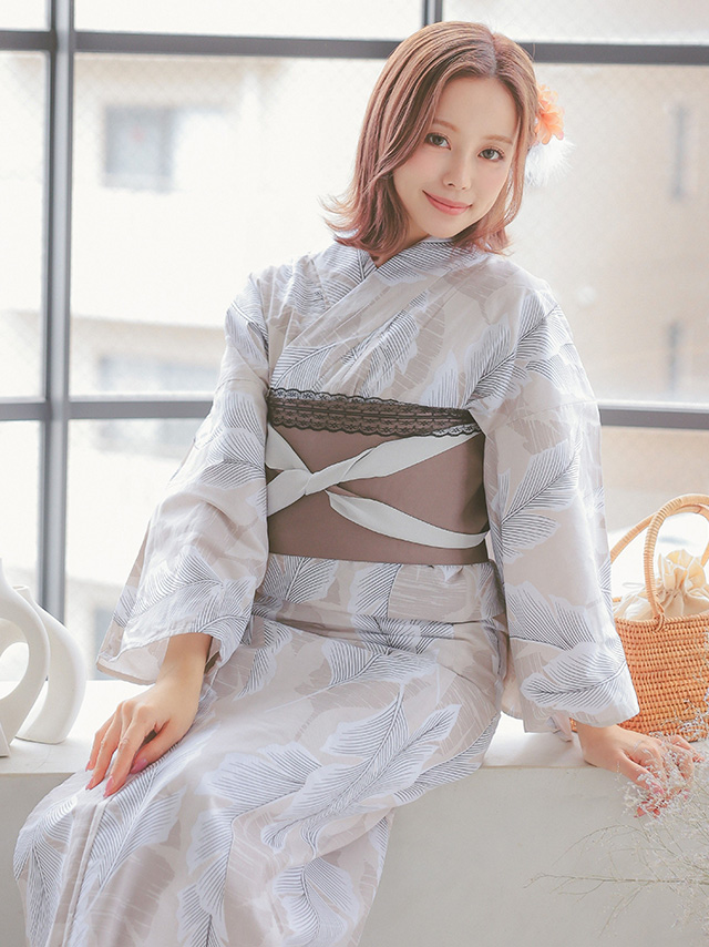 ベージュ地×ホワイトリーフ柄 ゆかた3点セットのイメージ画像4