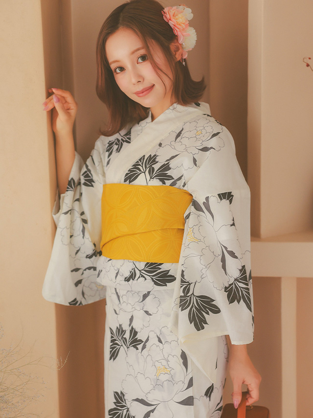 モノトーン 白地 × 牡丹 麻の葉 ゆかた3点セットのイメージ画像4