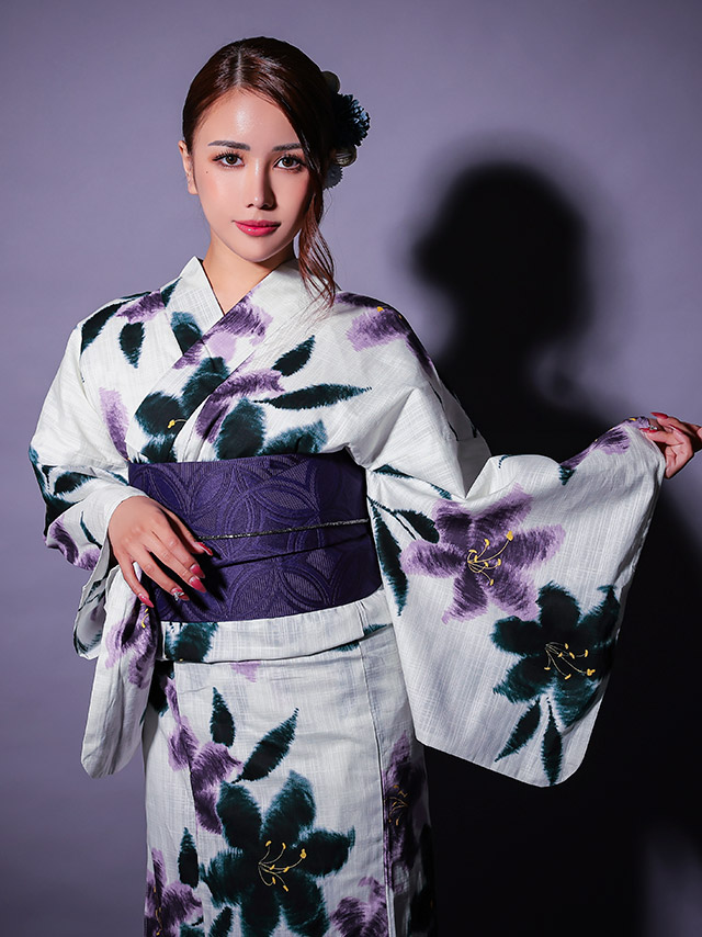 粋 白地に水彩百合の花 ゆかた3点セット