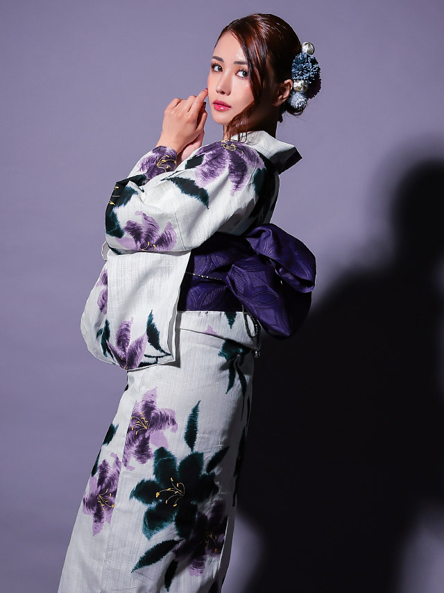 粋 白地に水彩百合の花 ゆかた3点セット
