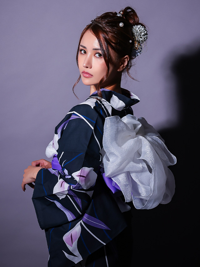 粋 濃紺×しっとり菖蒲の花 ゆかた3点セット
