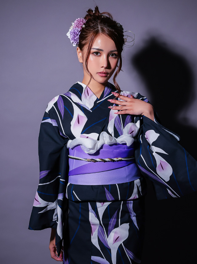粋 濃紺×しっとり菖蒲の花 ゆかた3点セット