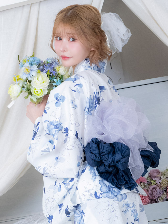 ワンピース 白地 水彩 ニュアンスフラワー  ゆかた3点セットのイメージ画像4