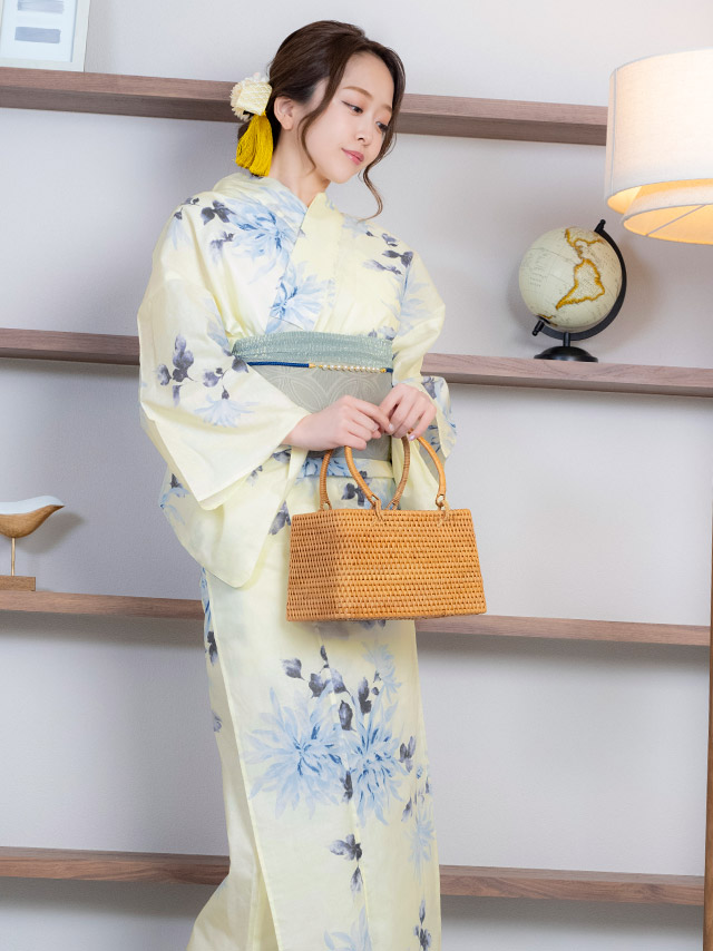 レトロ クリーム地 水彩 ライトブルー菊 ゆかた3点セットのイメージ画像2