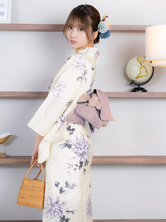 レトロ クリーム地 ニュアンスパープル 菊 ゆかた3点セットのイメージ画像1