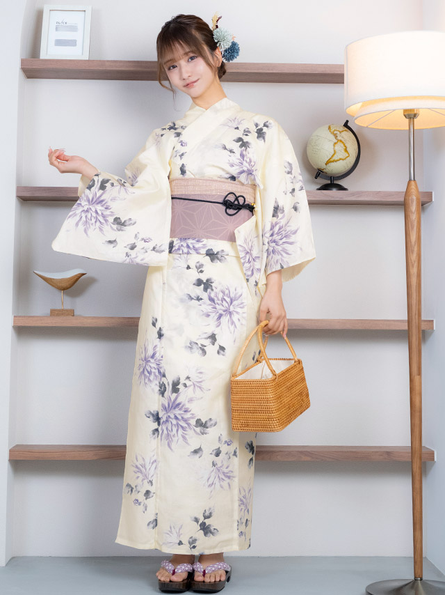 レトロ クリーム地 ニュアンスパープル 菊 ゆかた3点セットのイメージ画像3
