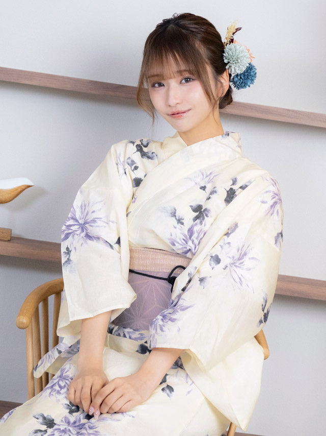 レトロ クリーム地 ニュアンスパープル 菊 ゆかた3点セットのイメージ画像4