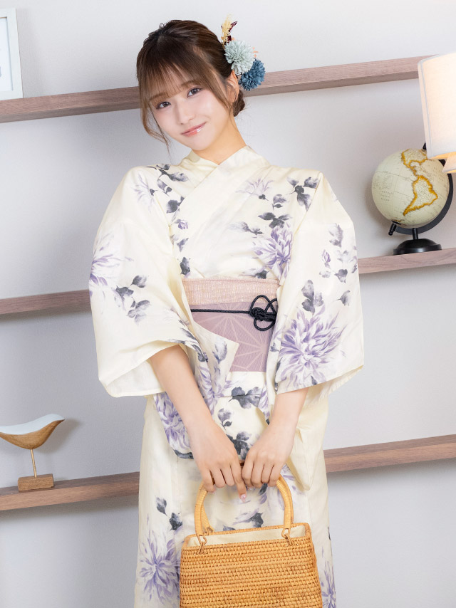 レトロ クリーム地 ニュアンスパープル 菊 ゆかた3点セットのイメージ画像4