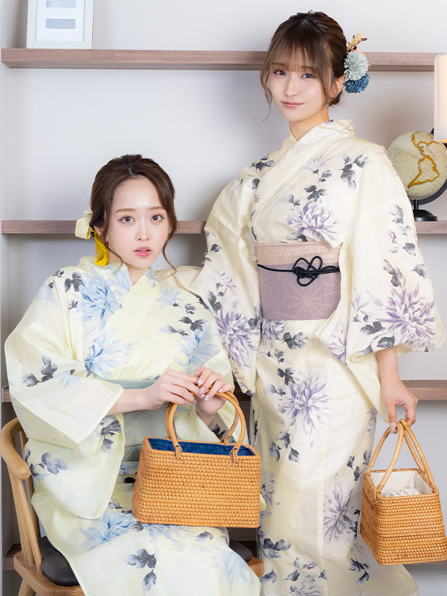 レトロ クリーム地 水彩 菊 ゆかた3点セットのイメージ画像2