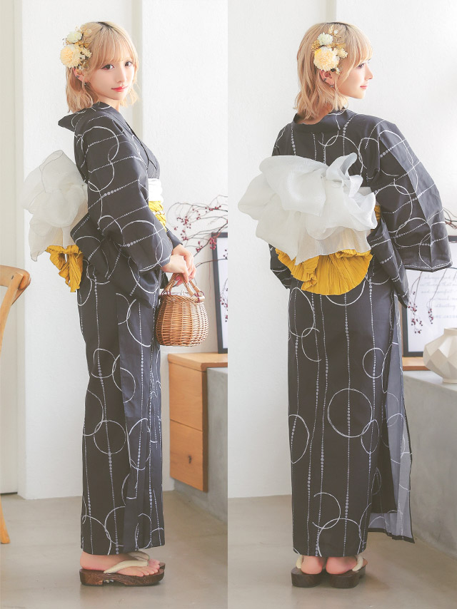  レトロ モダン サークル柄 ゆかた3点セットのサイドバック画像