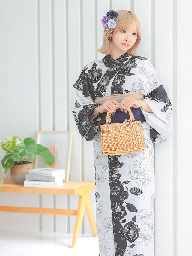  レトロ モノトーン 椿 ゆかた3点セットのイメージ画像2