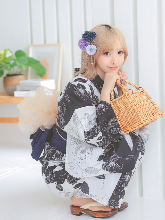  レトロ モノトーン 椿 ゆかた3点セットのイメージ画像3