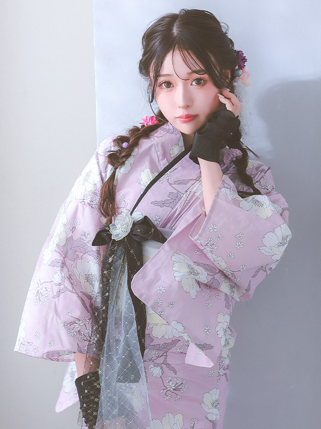 浴衣 選べる帯] SWEET ピンク地に線画フラワー ゆかた3点セット